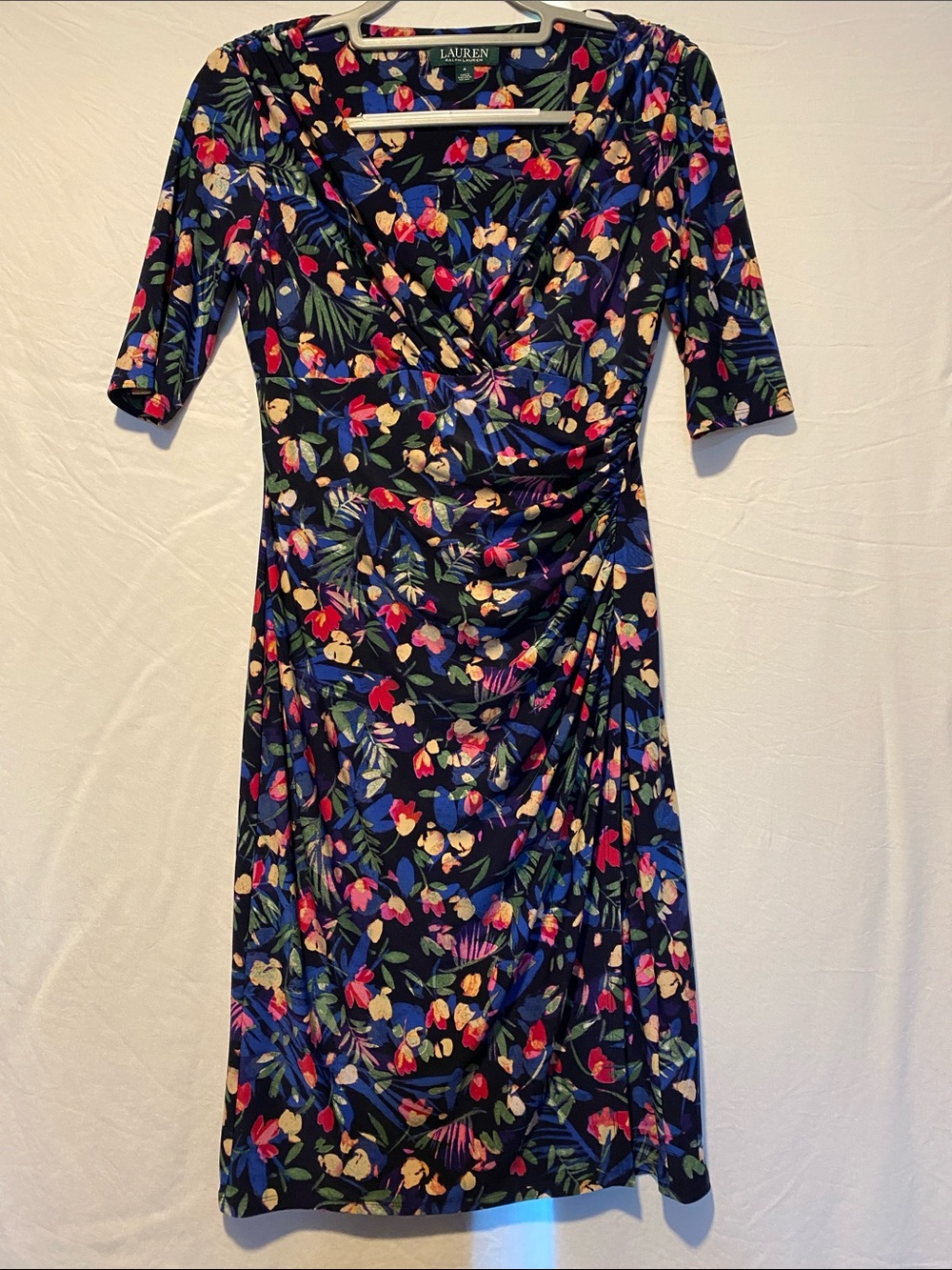 Lauren Ralph Lauren Navy Floral Faux-Wrap Midi Dress